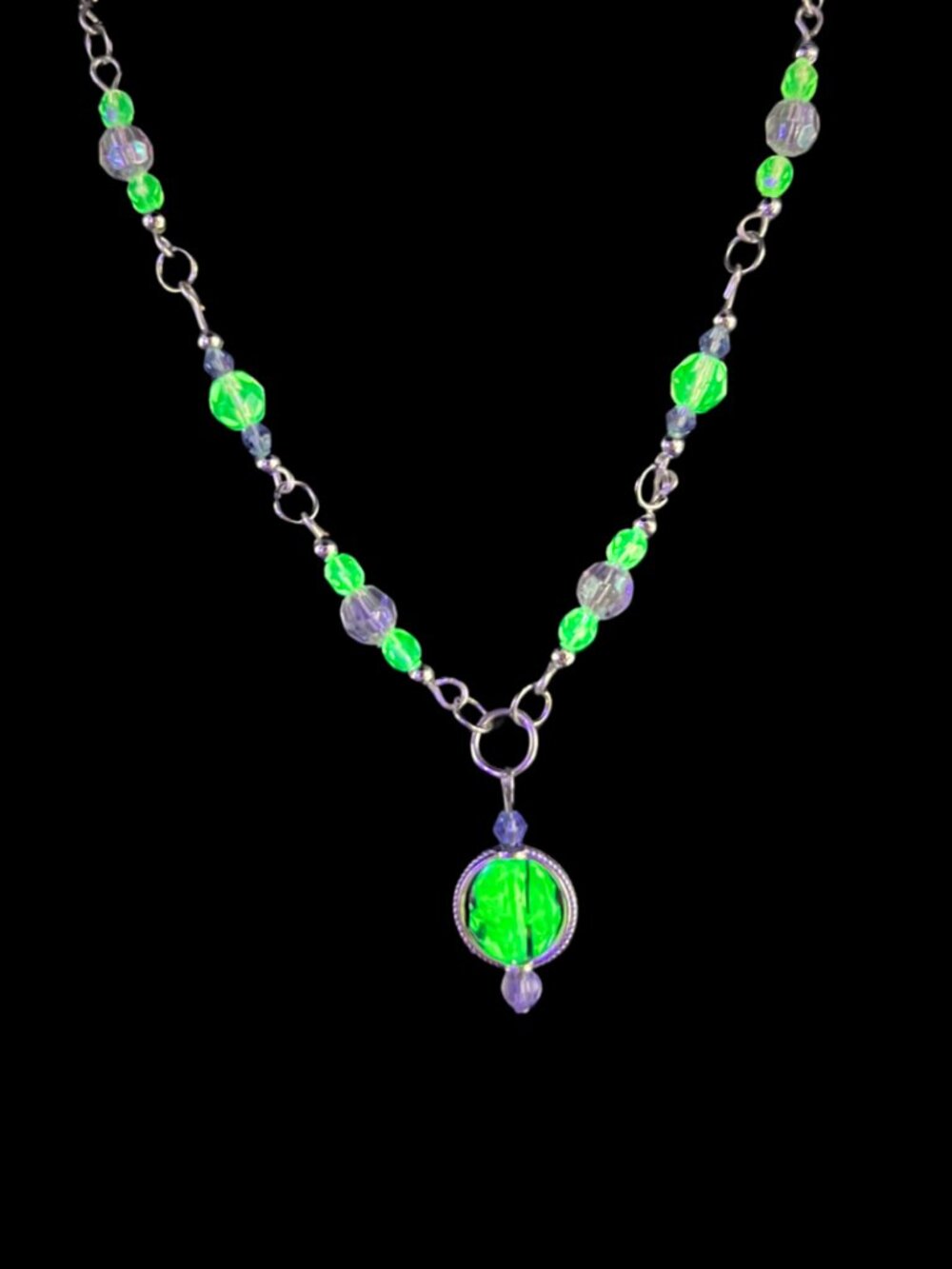 Handmade Necklace Made With Reclaimed Uranium Glass Beads Glows Green UV React